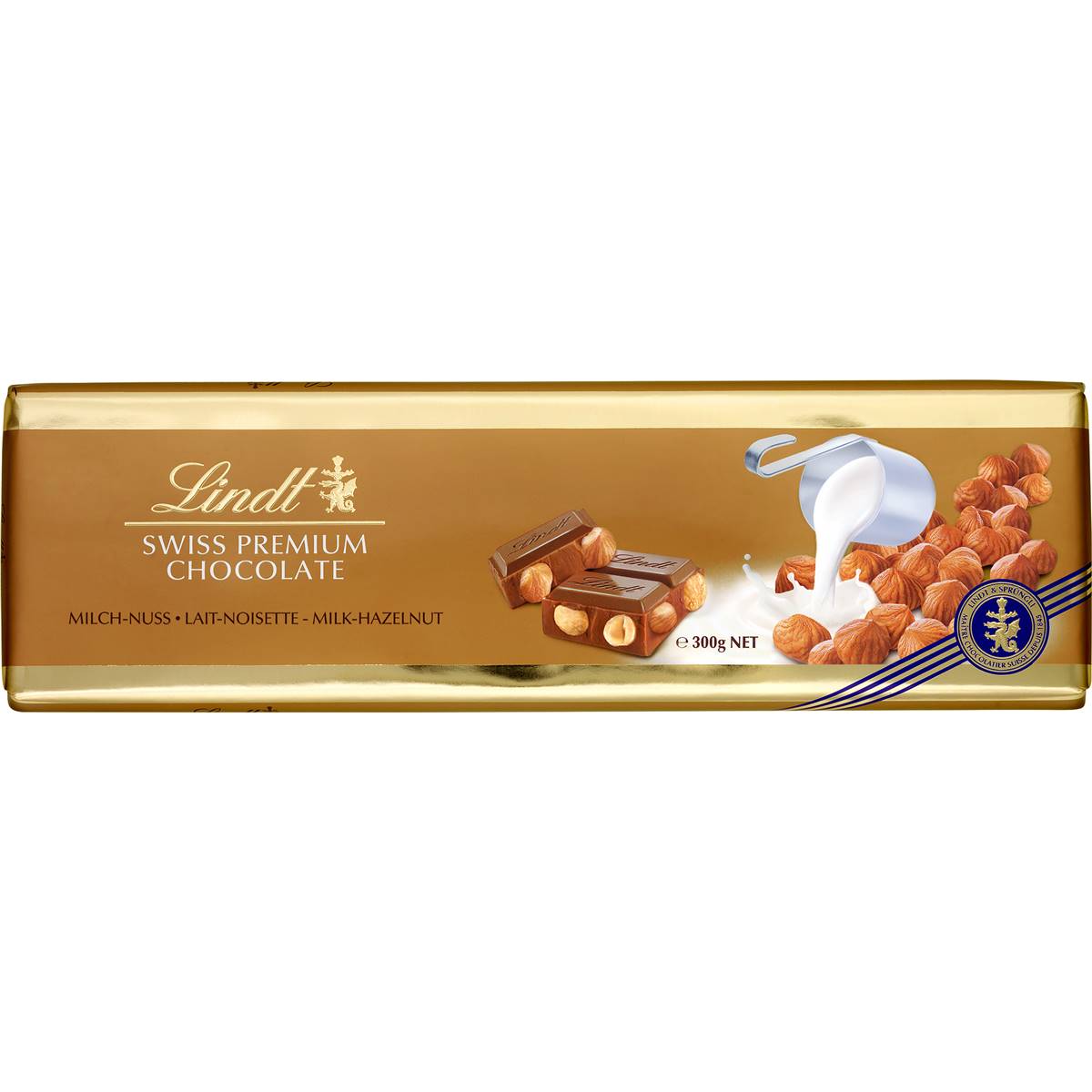 Calories in Lindt Gold Swiss Milk Hazelnut Chocolate Block calcount