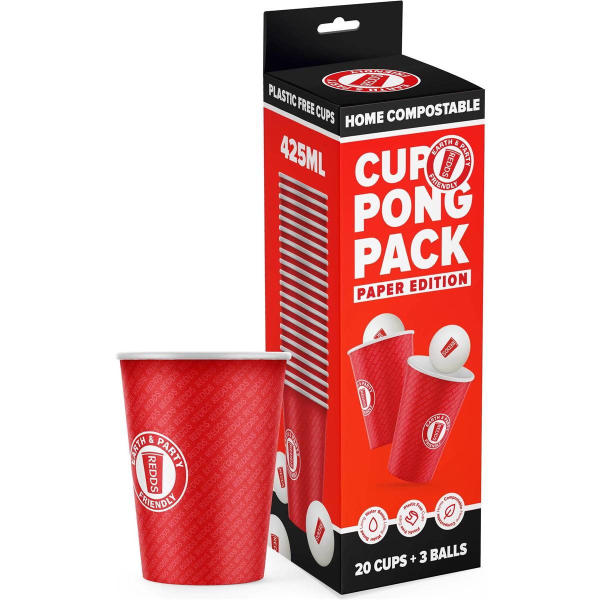Redds Compostable 20 Paper Pong Cup & 3 Balls Pack
