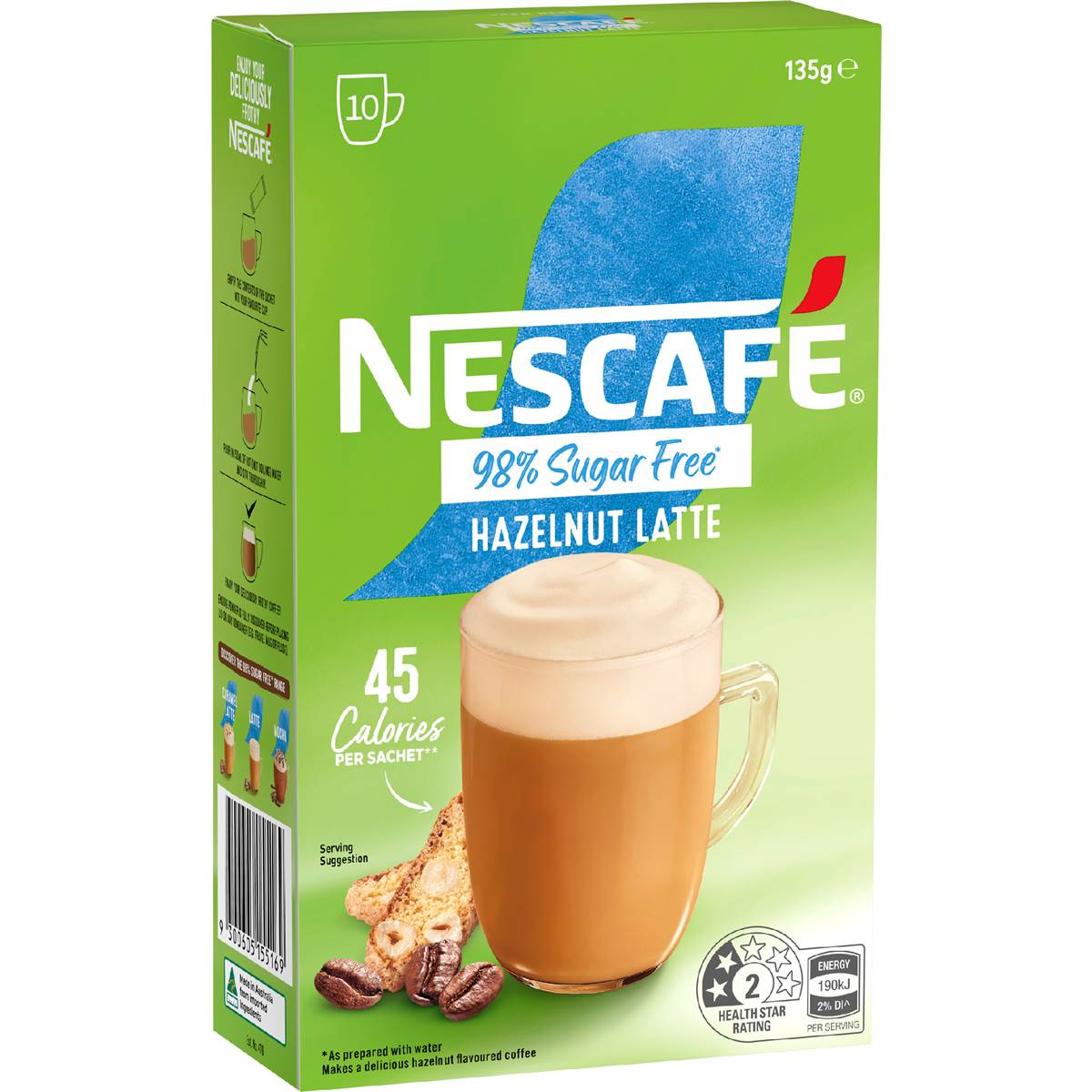 Nescafe 98% Sugar Free Hazelnut Latte Coffee Sachets 10 pack