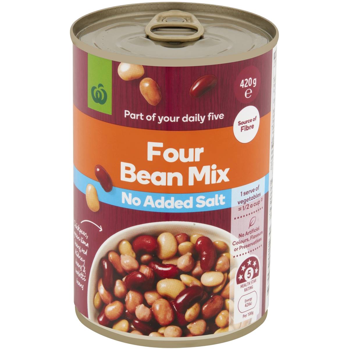 Calories in Woolworths Four Bean Mix No Added Salt Can