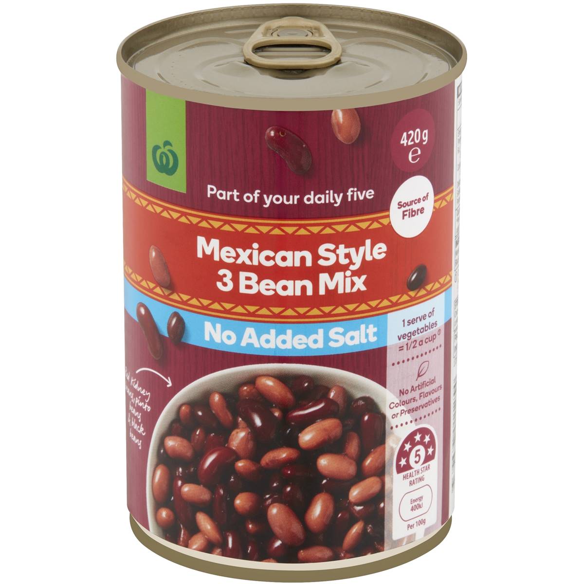 Calories in Woolworths Mexican Style 3 Bean Mix No Added Salt Can calcount