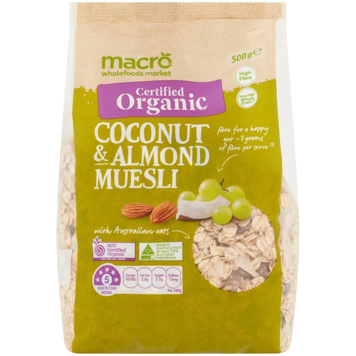 Calories in Macro Organic High Fibre Coconut Muesli calcount