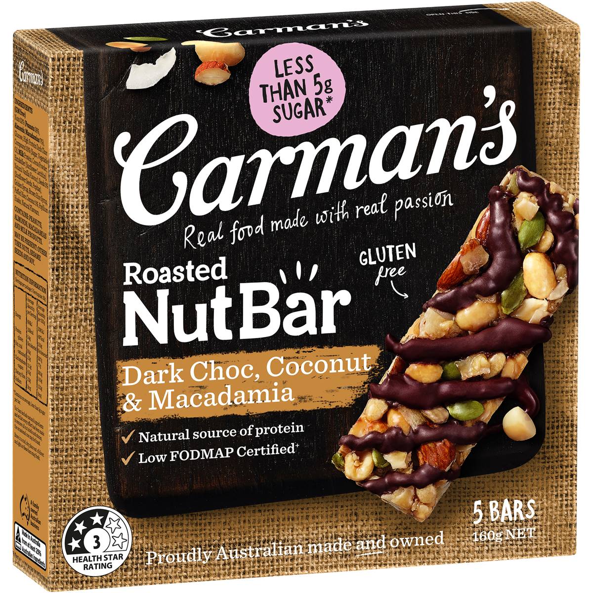 Calories in Carman's Dark Choc Macadamia Coconut Nut Bars
