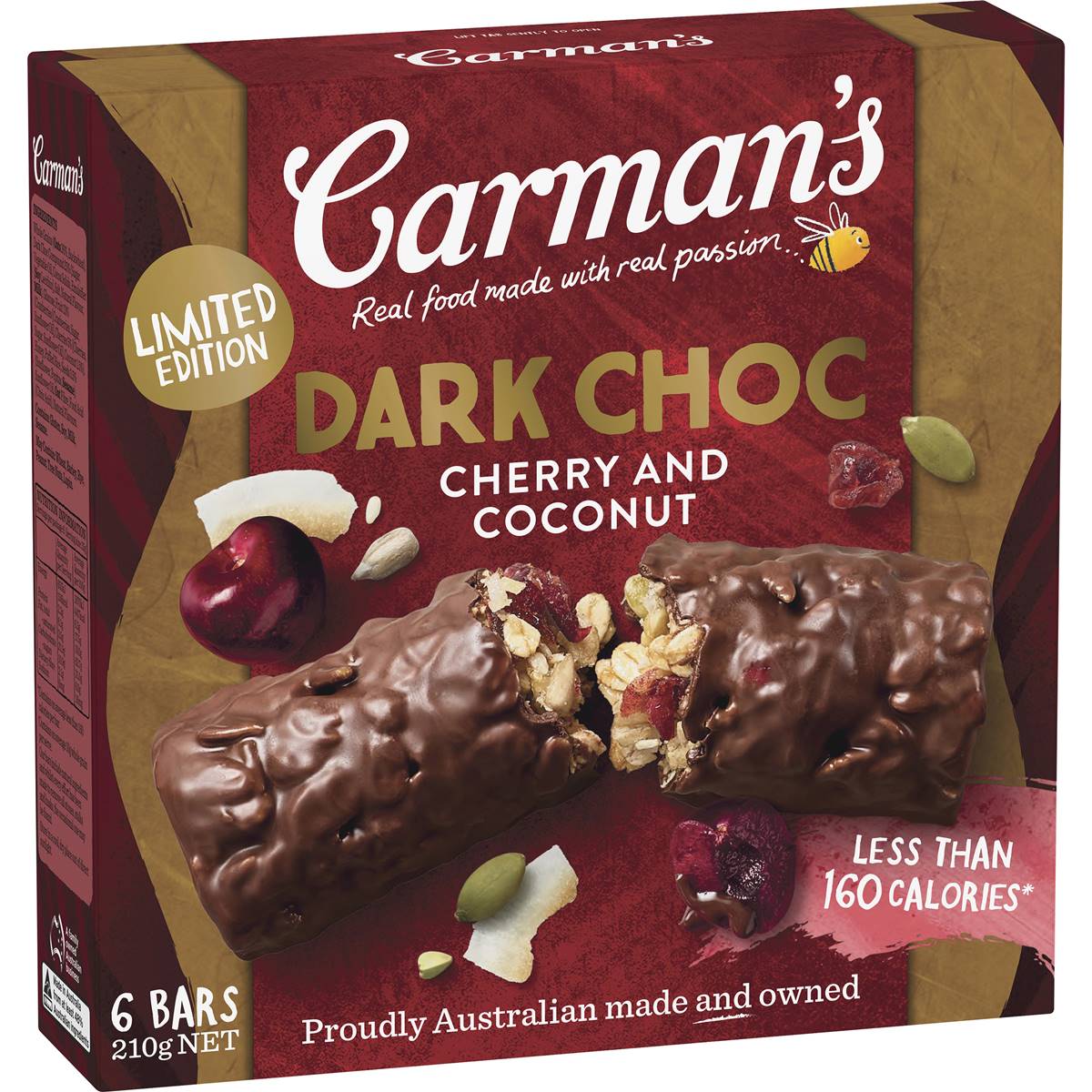 Calories in Carman's Dark Choc Cherry Coconut Bar calcount