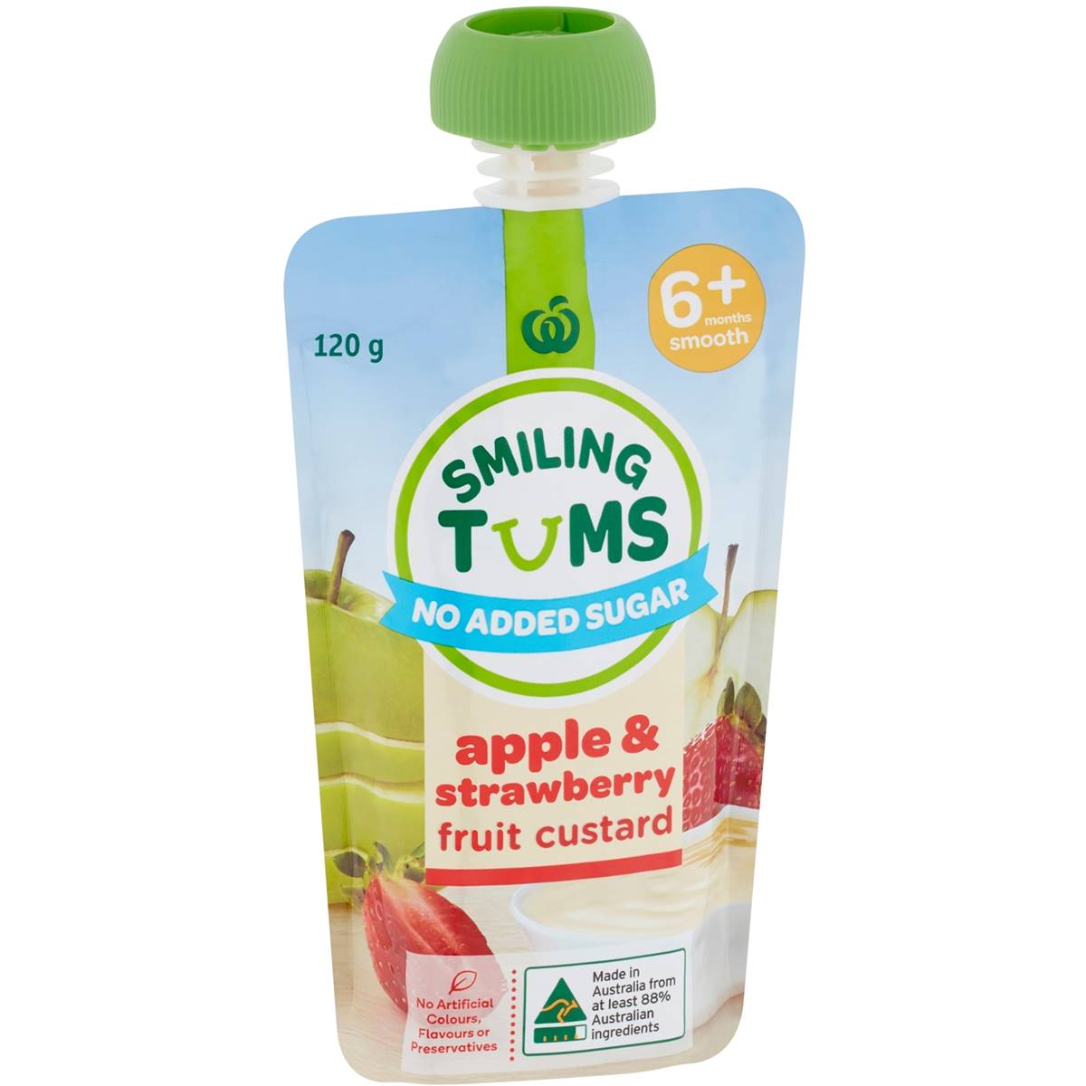 Calories in Woolworths Smiling Tums 6 Months+ Apple & Strawberry Custard