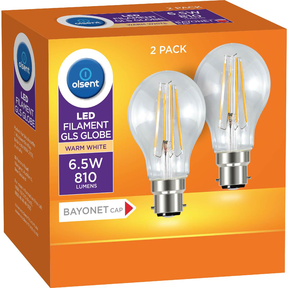 Olsent Led Filament Gls BC 6.5W 810Lm Warm White