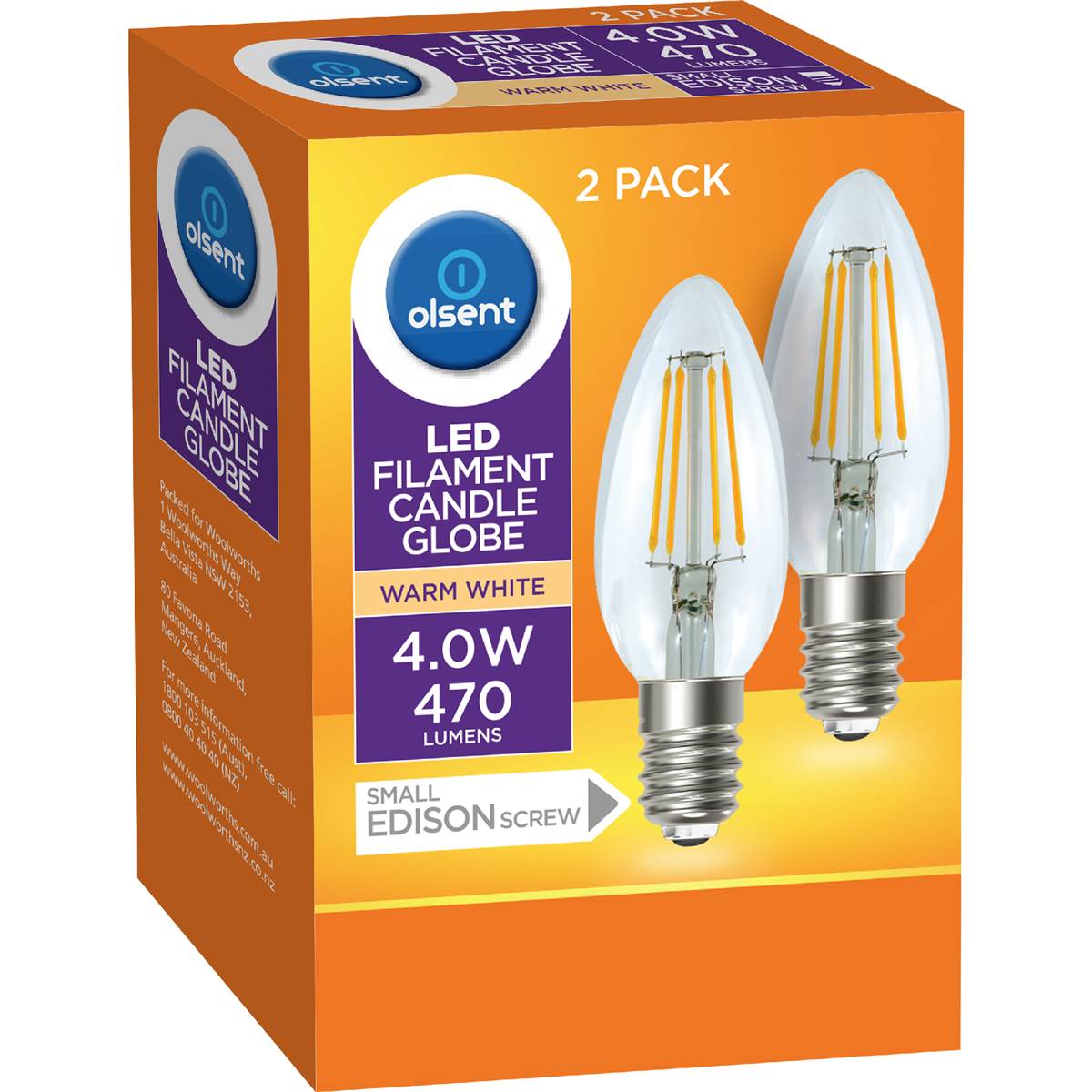 Olsent LED Filament Candle SES 4.0W 470Lm Warm White