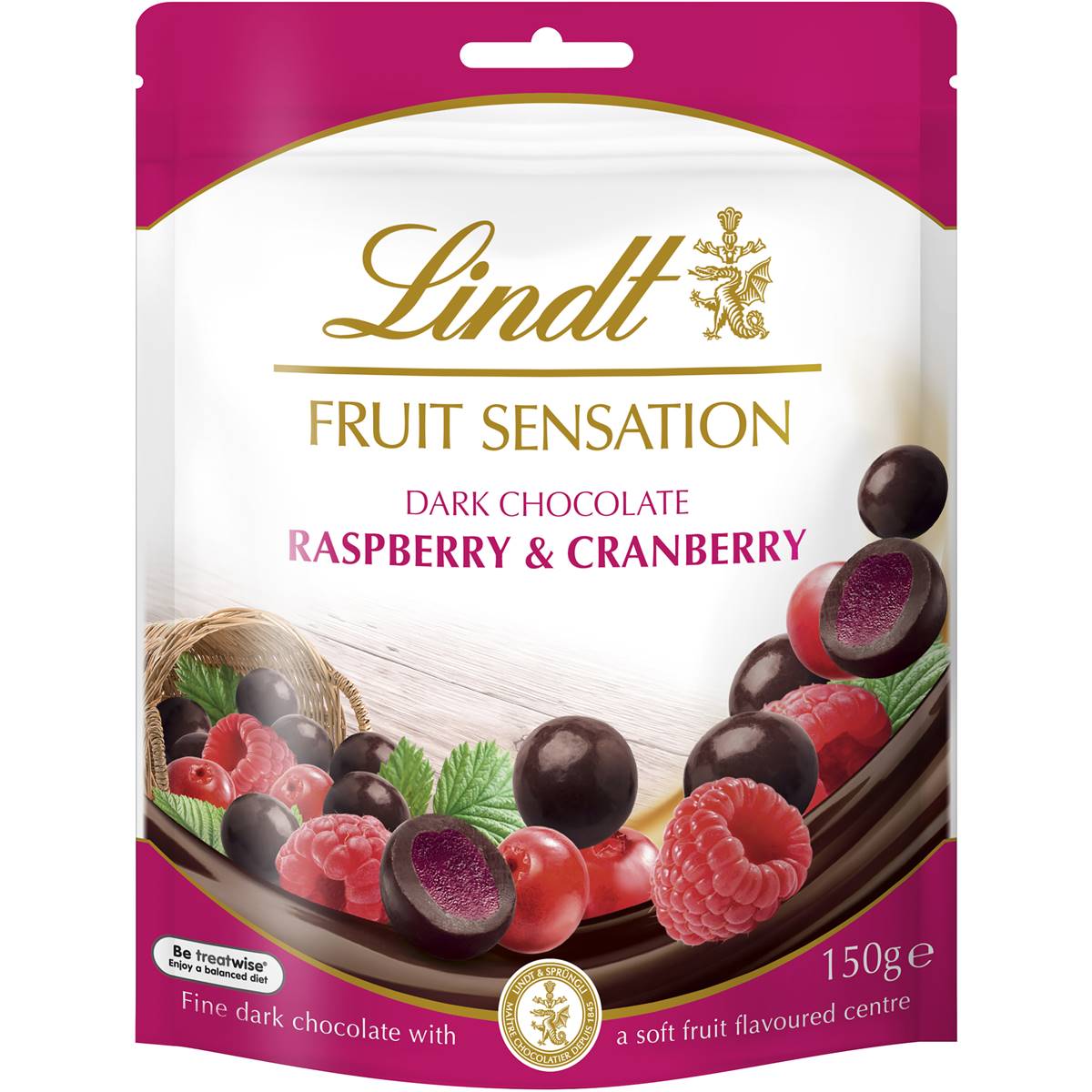 Calories in Lindt Fruit Sensation Dark Chocolate Raspberry & Cranberry Bag