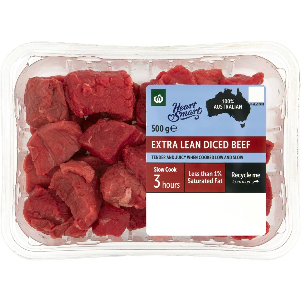 Calories in Woolworths Diced Beef Heart Smart