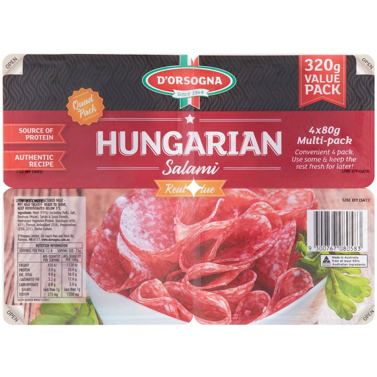Calories in D'orsogna Hungarian Salami Quad Pack calcount