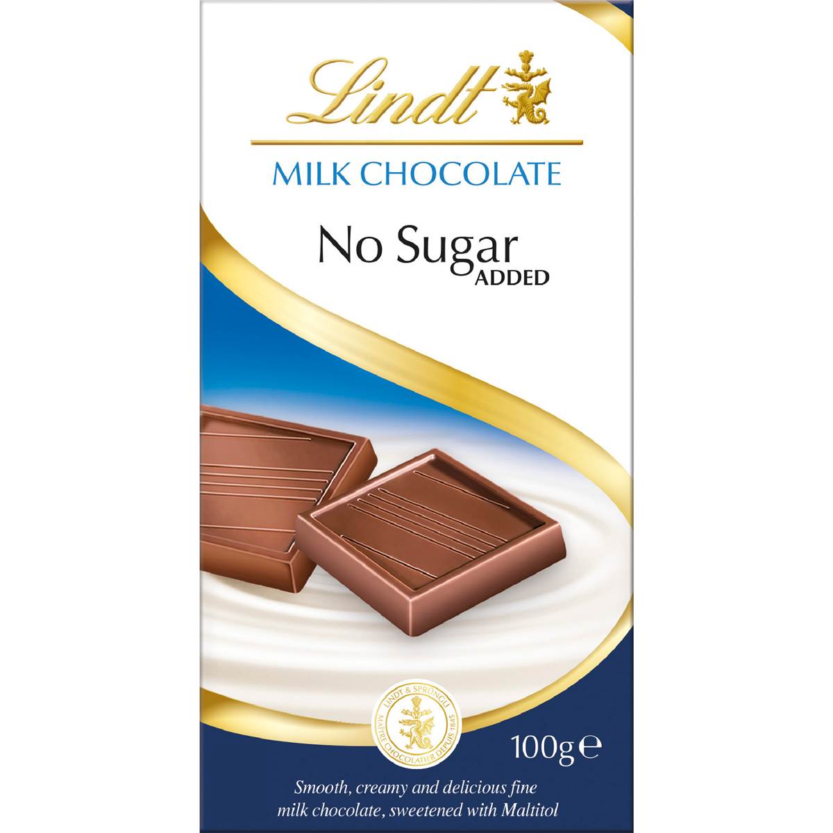 Lindt No Sugar Added Milk Chocolate Block 100g