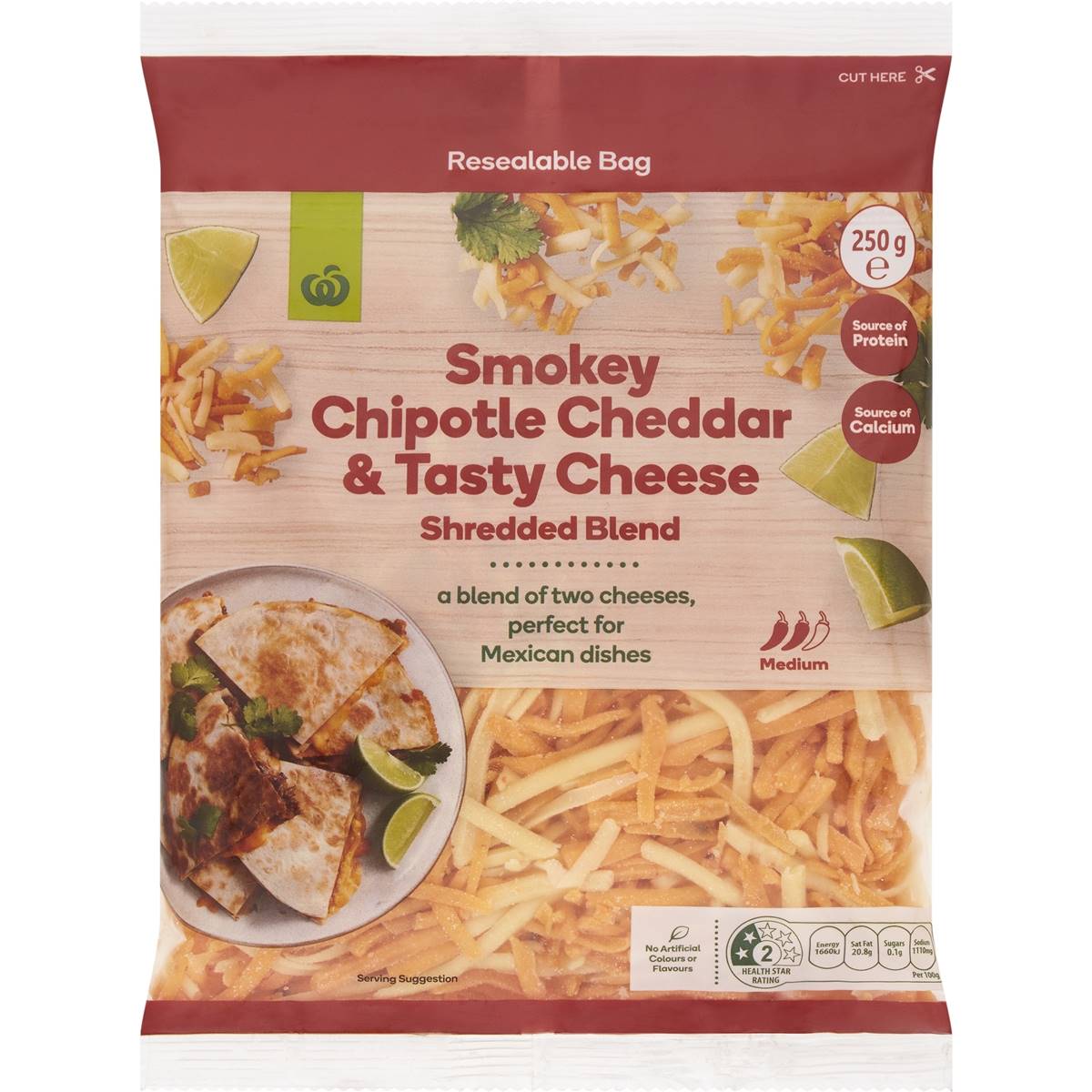 Calories in Woolworths Smokey Chipotle Cheddar & Tasty Cheese Shredded Blend