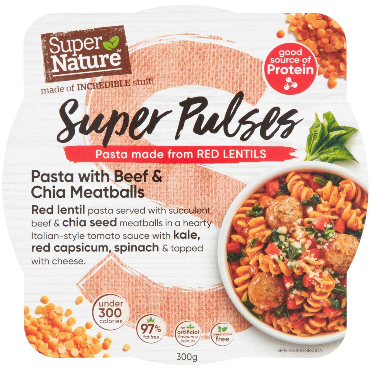 Calories in Super Nature Super Pulses Beef Chia Meatball Pasta calcount