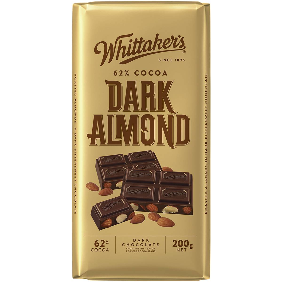 Calories in Whittaker's 62% Cocoa Dark Almond Dark Chocolate Block