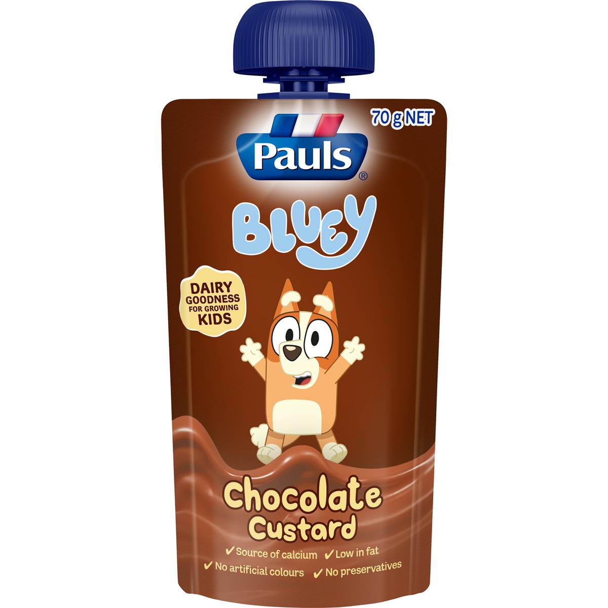 Calories in Pauls Custard Pouch Bluey Chocolate Custard