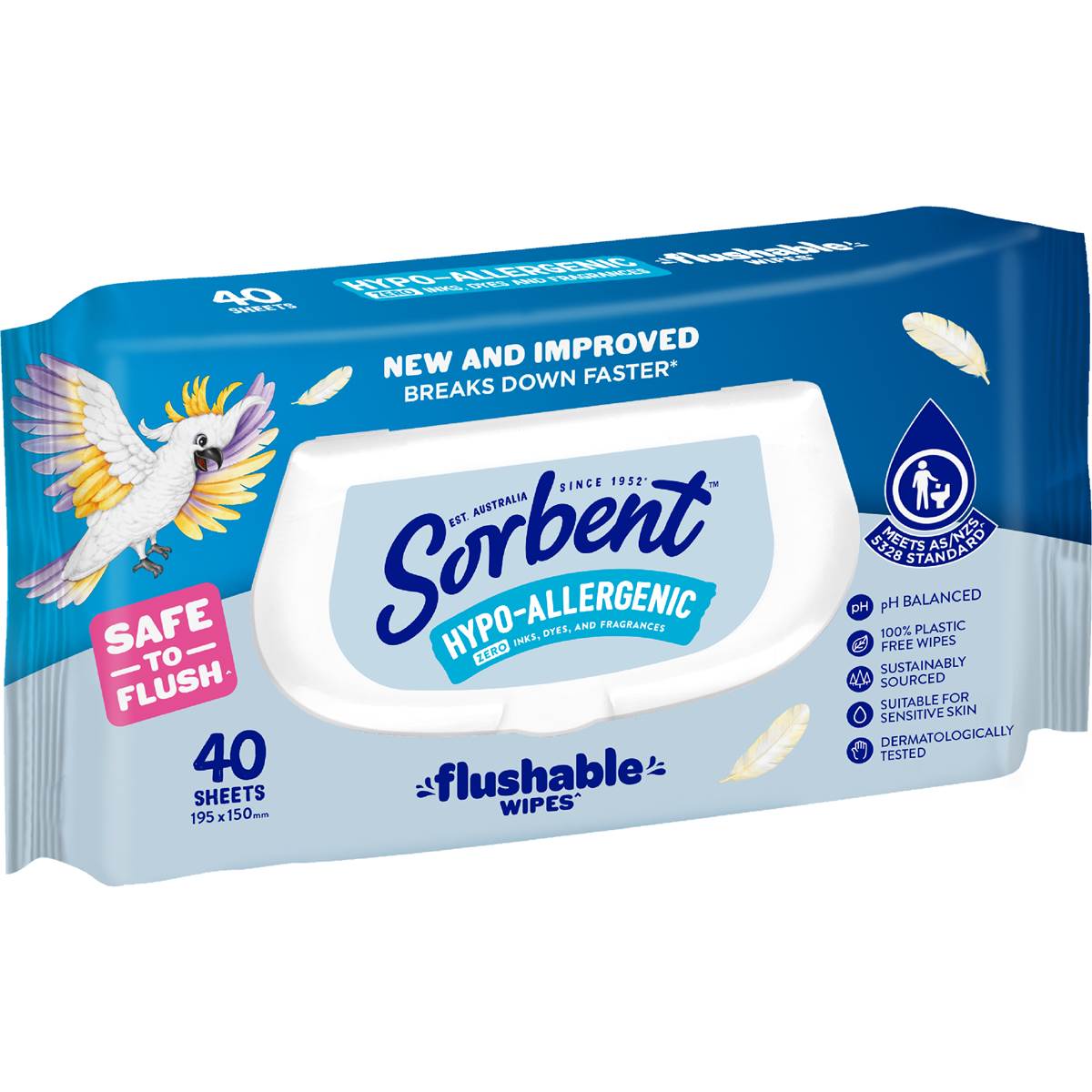 Sorbent Flushable Wipes Hypo-Allergenic 40 pack