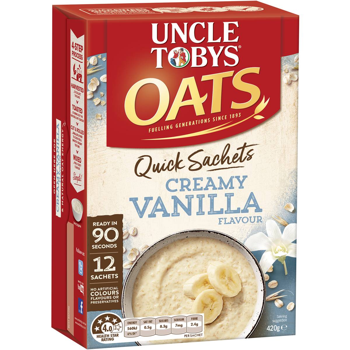 Calories in Uncle Tobys Oats Quick Sachets Creamy Vanilla Porridge
