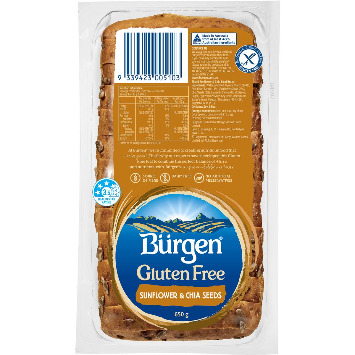 Calories in Burgen Gluten Free Bread Chia & Sunflower calcount
