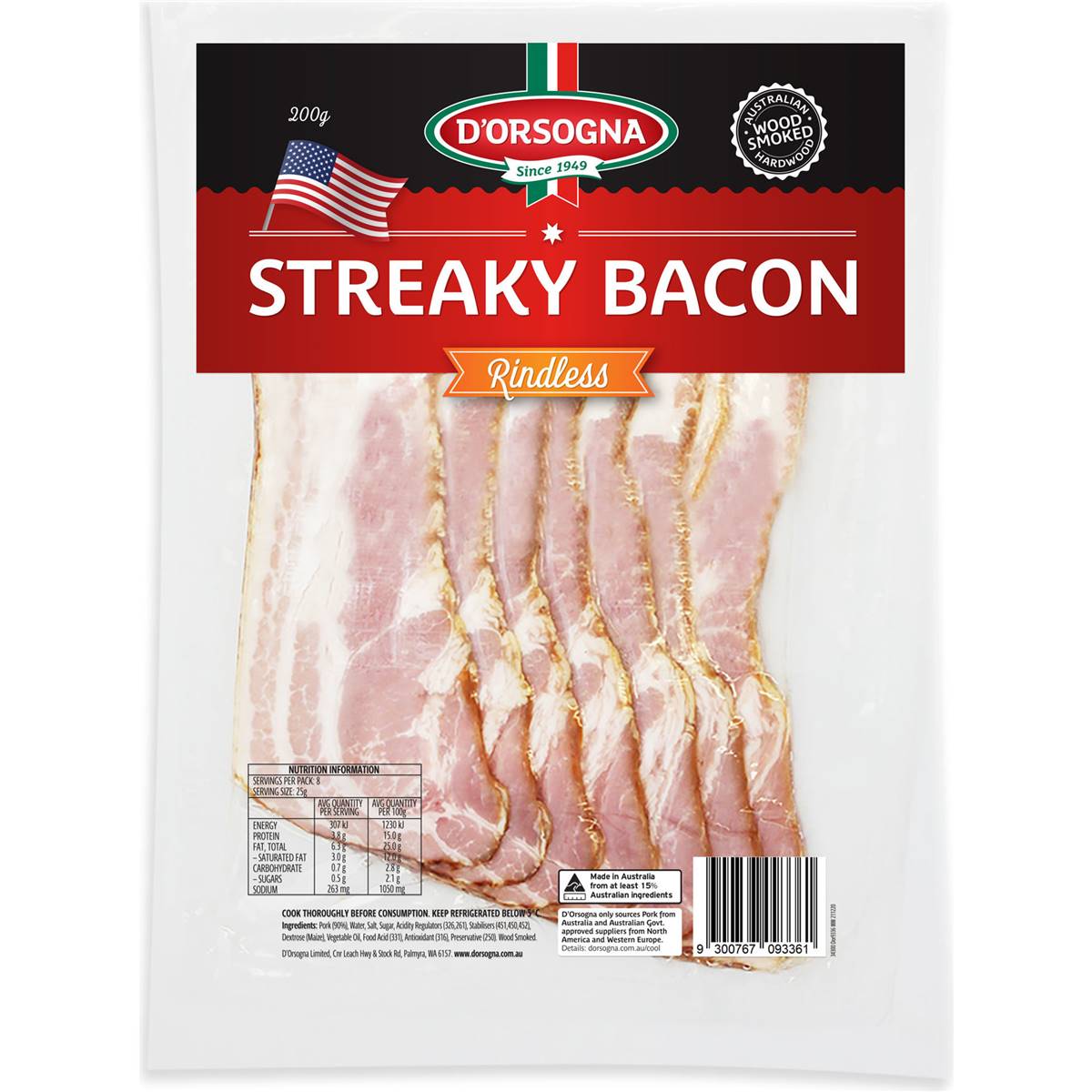 Calories in D'orsogna Plain Streaky Bacon From The Deli Calorie Counter