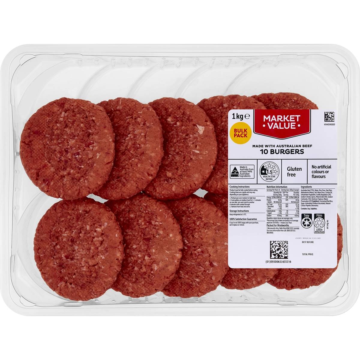 Calories in Woolworths Market Value Burgers calcount