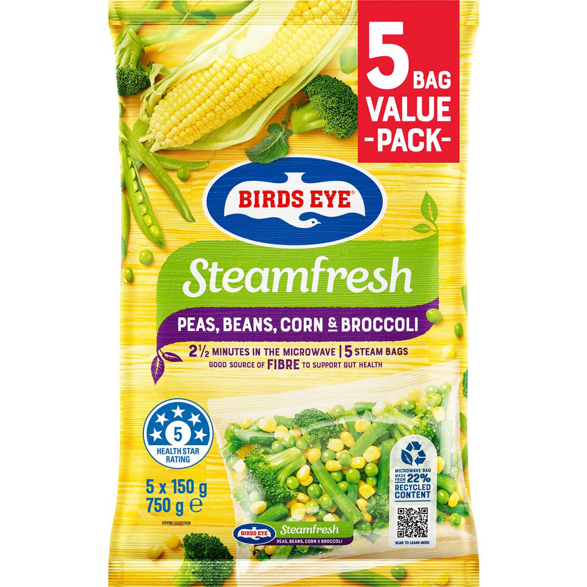 Calories in Birds Eye Steam Fresh Peas Beans Broccoli Corn Mix