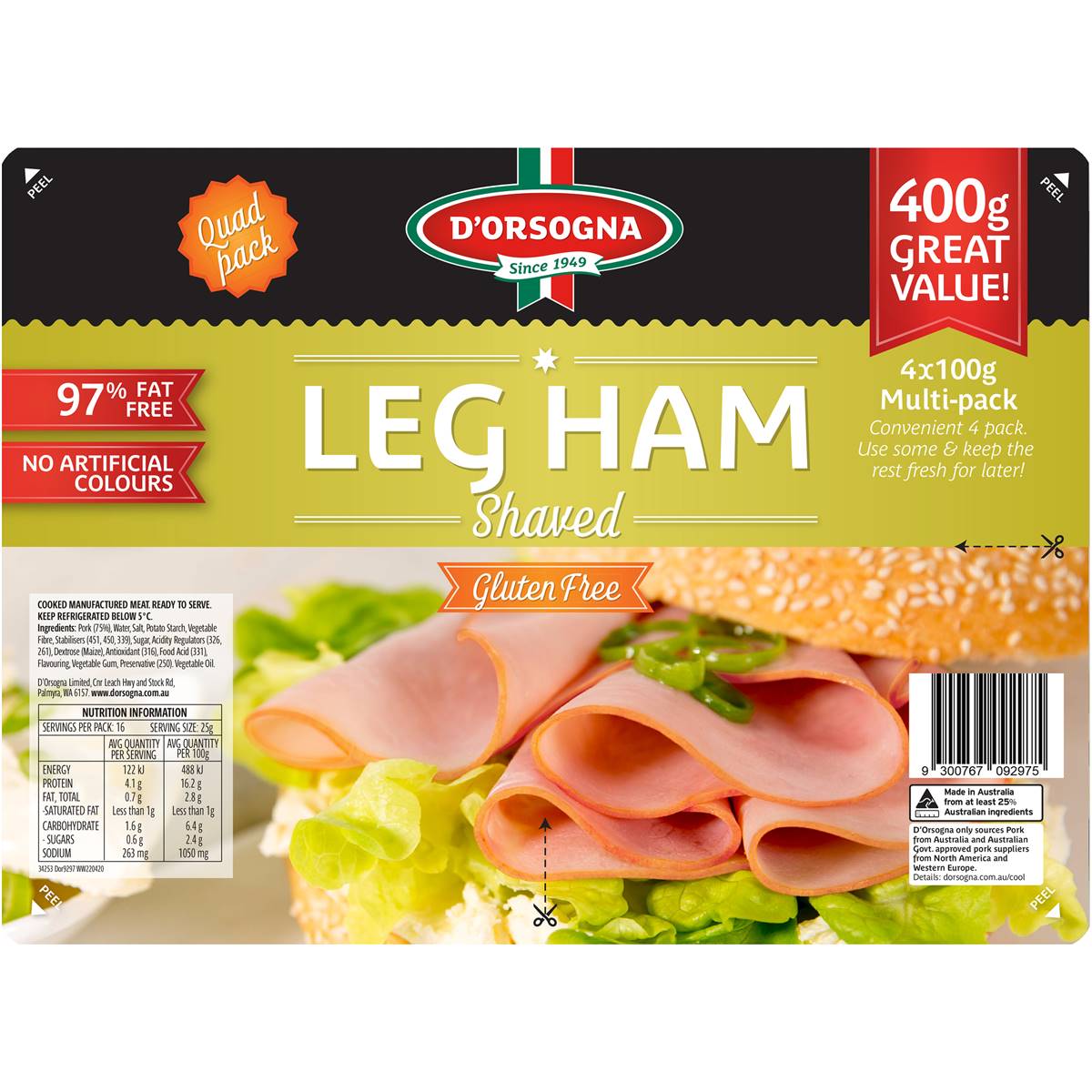 94 calories in D'orsogna Ham Leg Triple Smoked 97 Fat Free Shaved