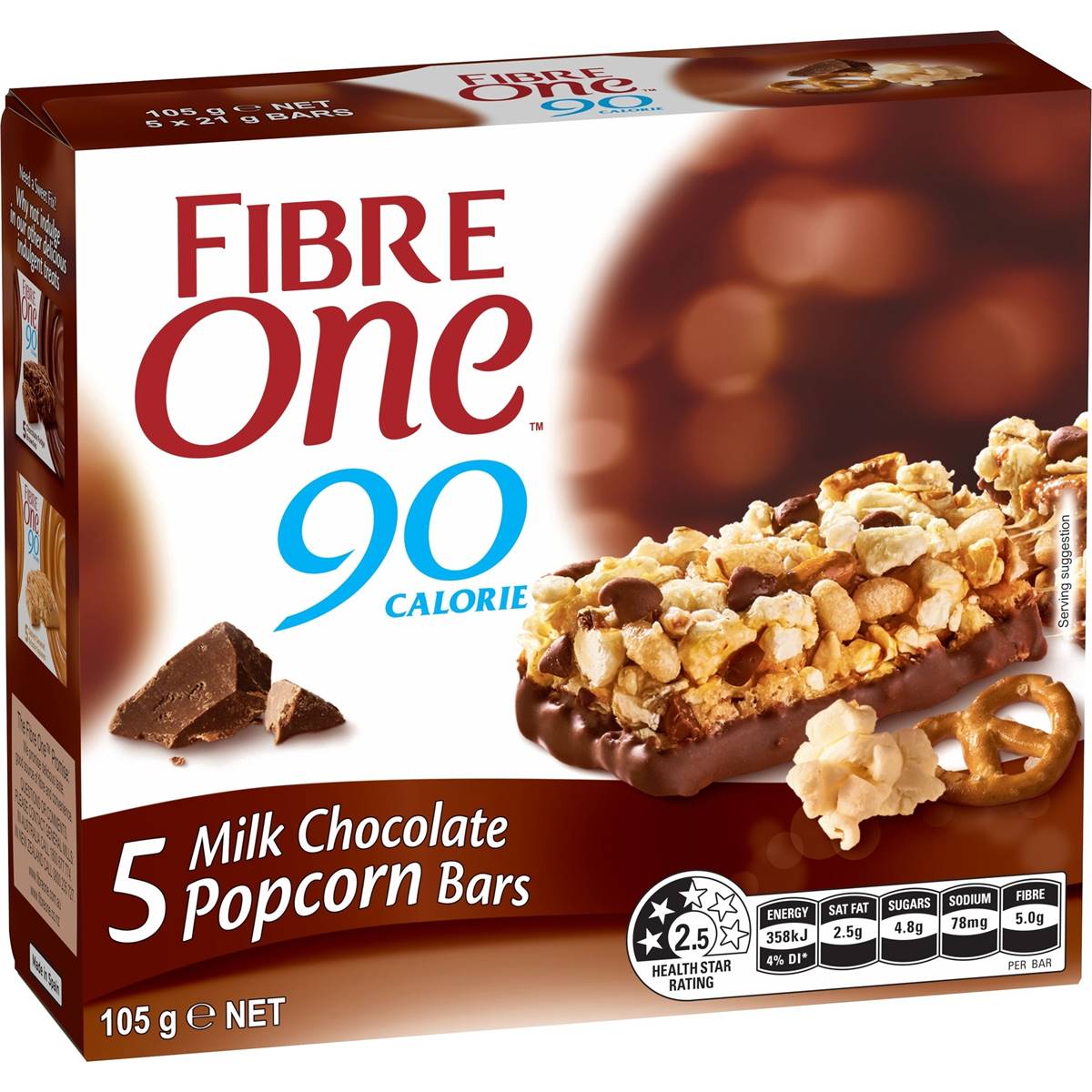 Fibre One 90 Calorie Milk Chocolate Popcorn Bars 21g x 5 pack