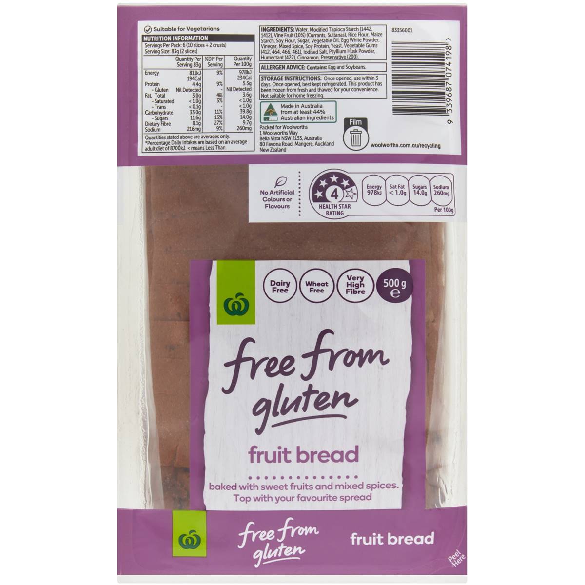 Calories in Woolworths Free From Gluten Fruit Bread