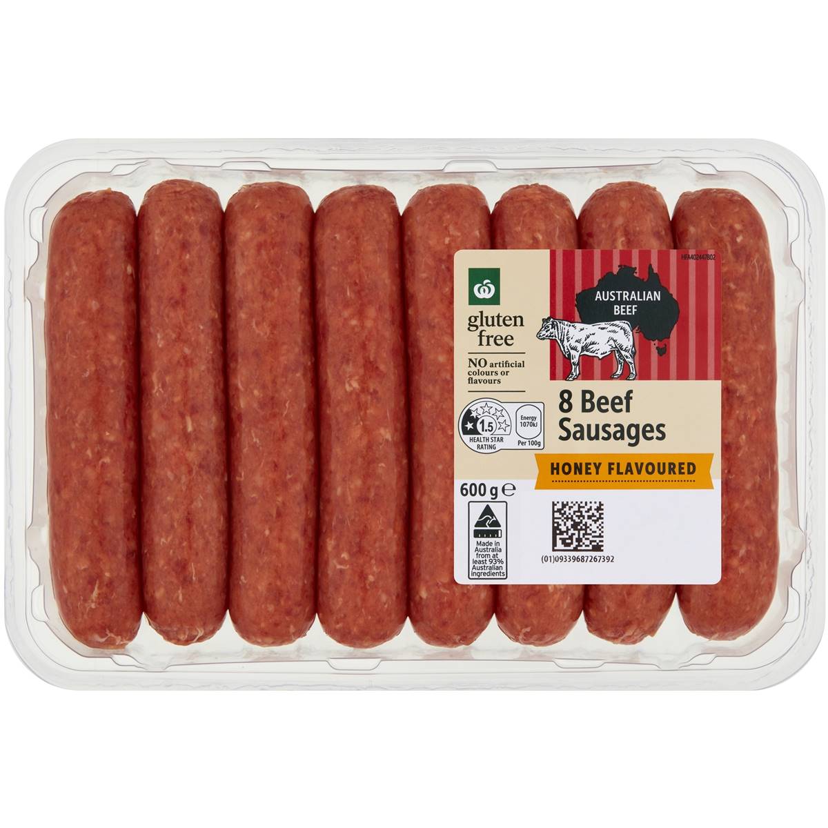 Calories in Woolworths 8 Beef Sausages Honey Flavoured