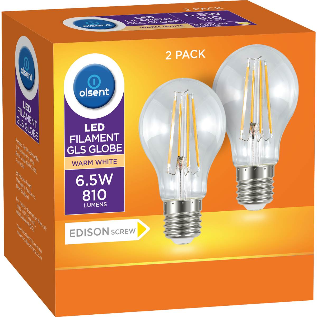 Olsent Led Filament Gls ES 6.5W 810Lm Warm White