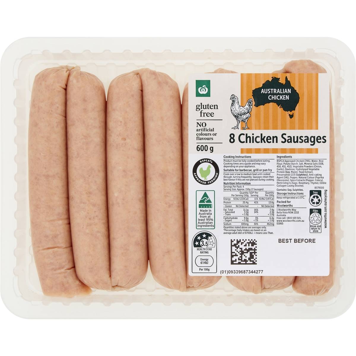 Calories in Woolworths 8 Chicken Sausages