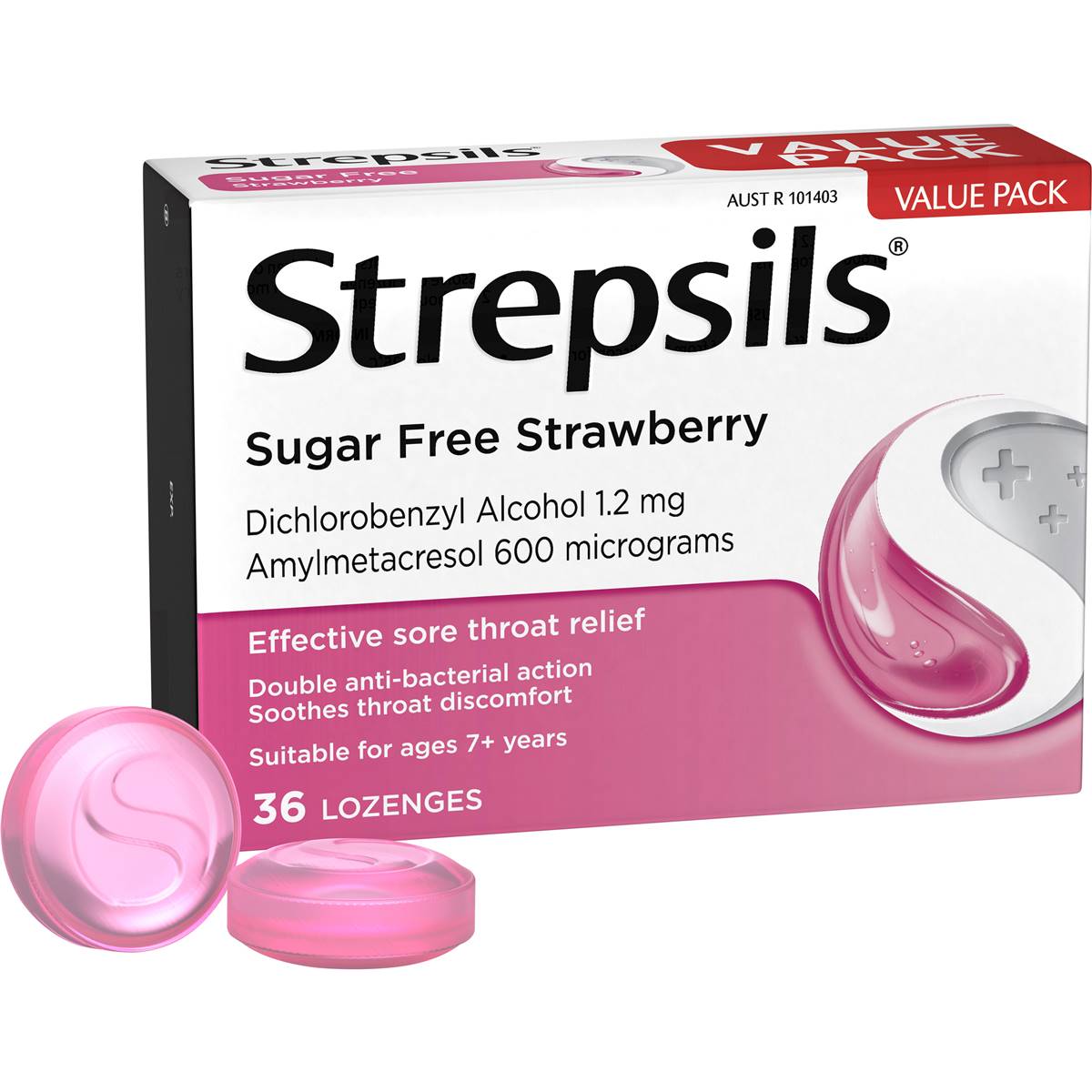 Strepsils Sore Throat Sugar Free Strawberry Lozenges 36 pack