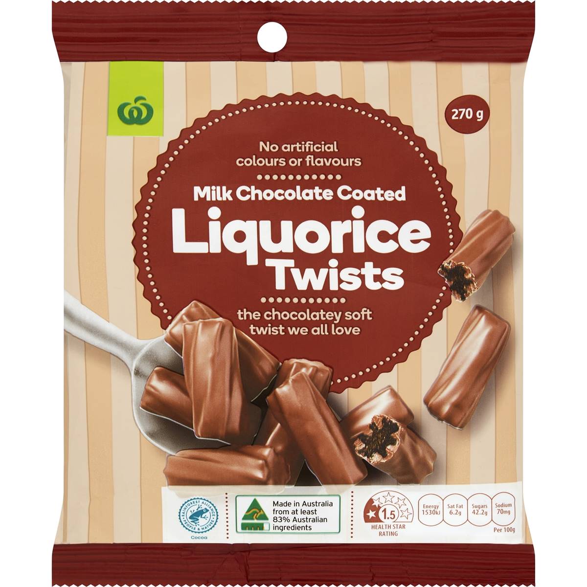 Calories in Woolworths Milk Chocolate Coated Liquorice Twists