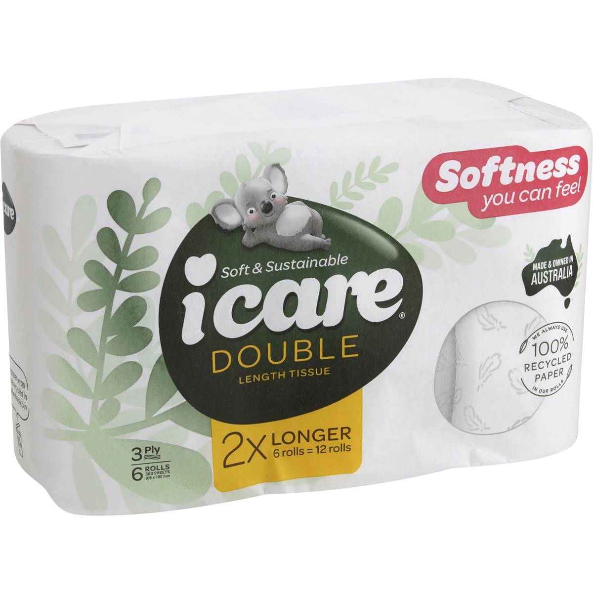 icare 100% Recycled Double Length 3 Ply Toilet Tissue
