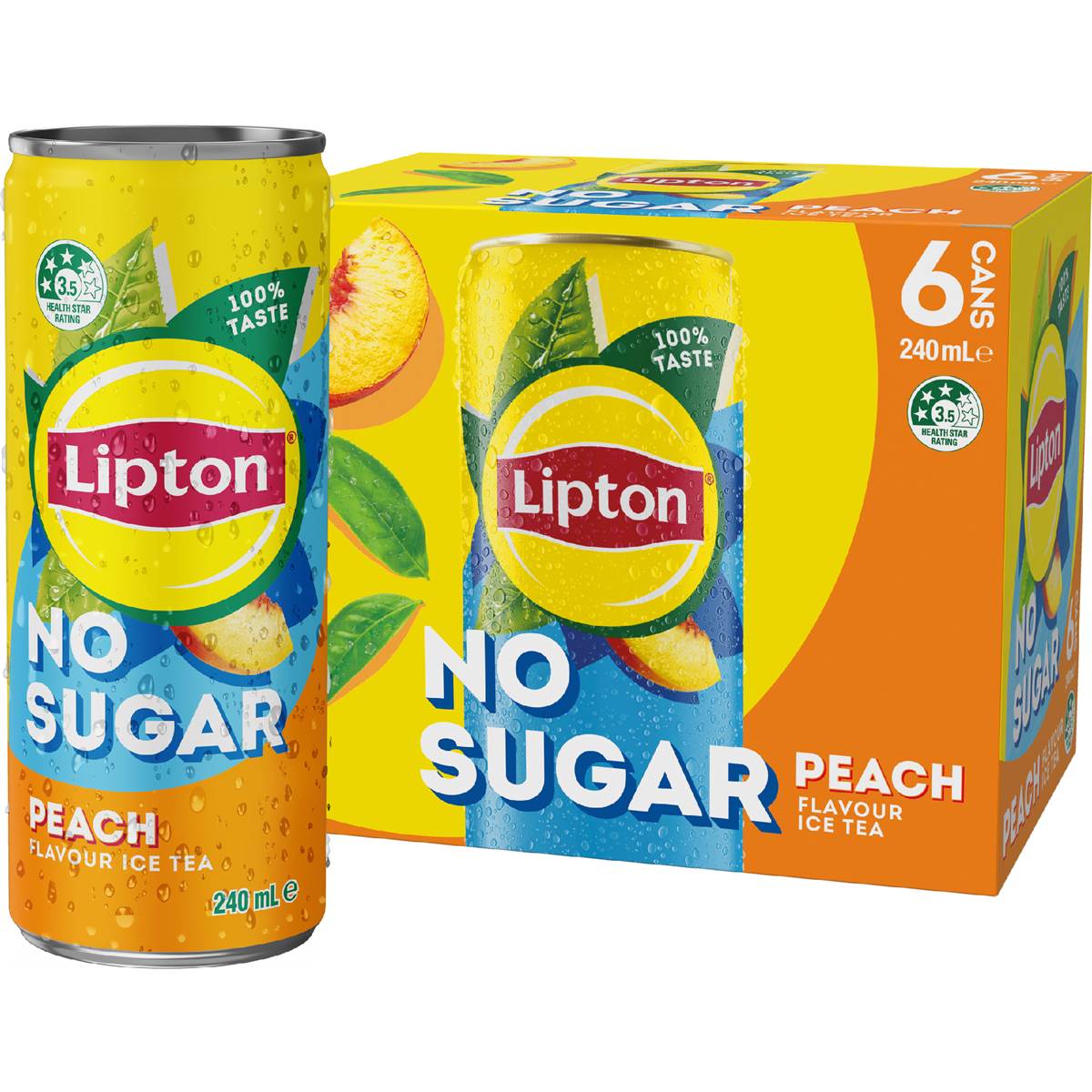 Lipton Ice Tea No Sugar Peach Flavour Iced Tea Cans 240mL x 6 pack