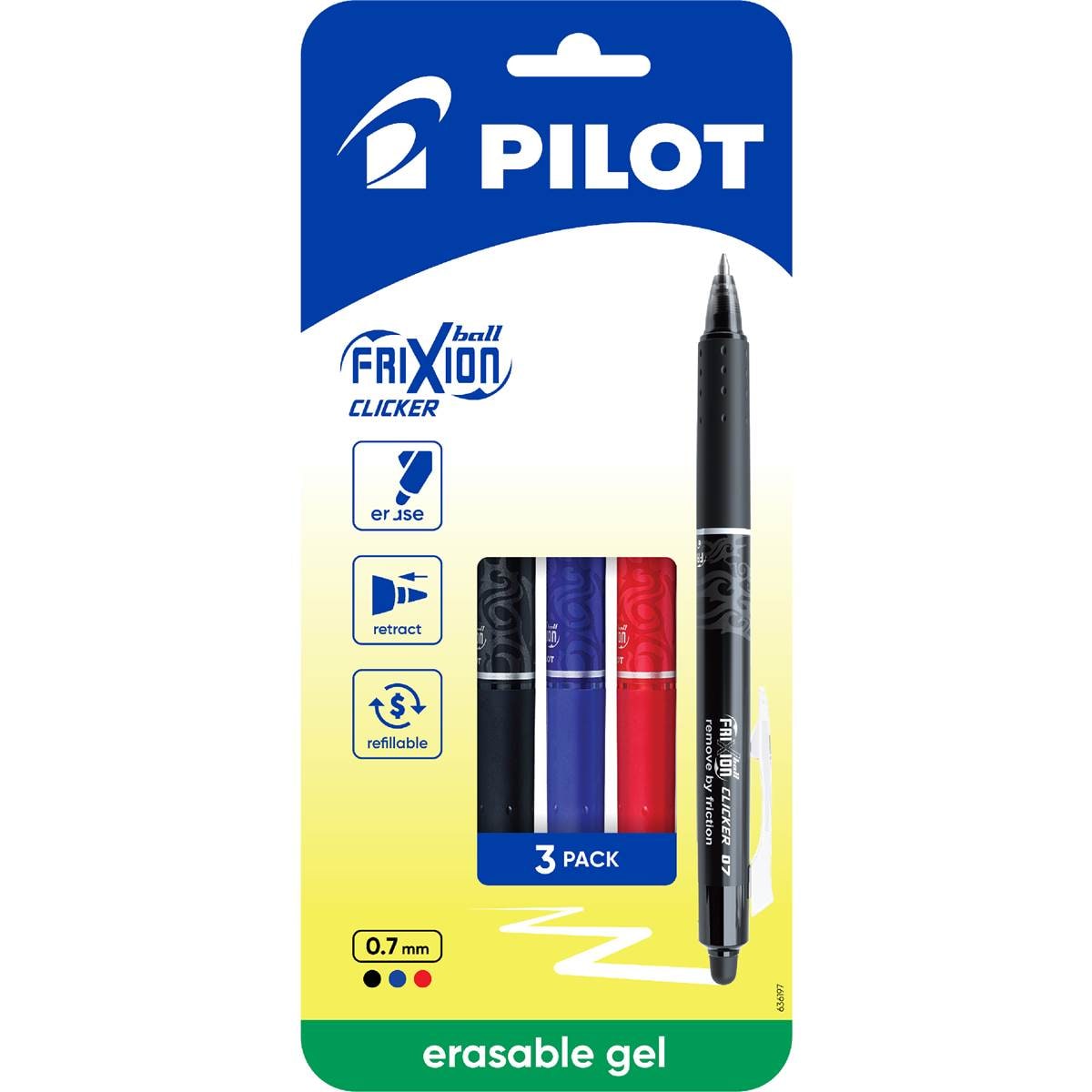Pilot Frixion Clicker Erasable Pen 0.7mm Fine 3 pack