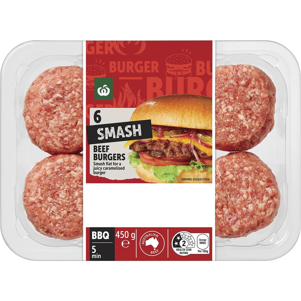 Woolworths 6 Smash Beef Burgers 450g