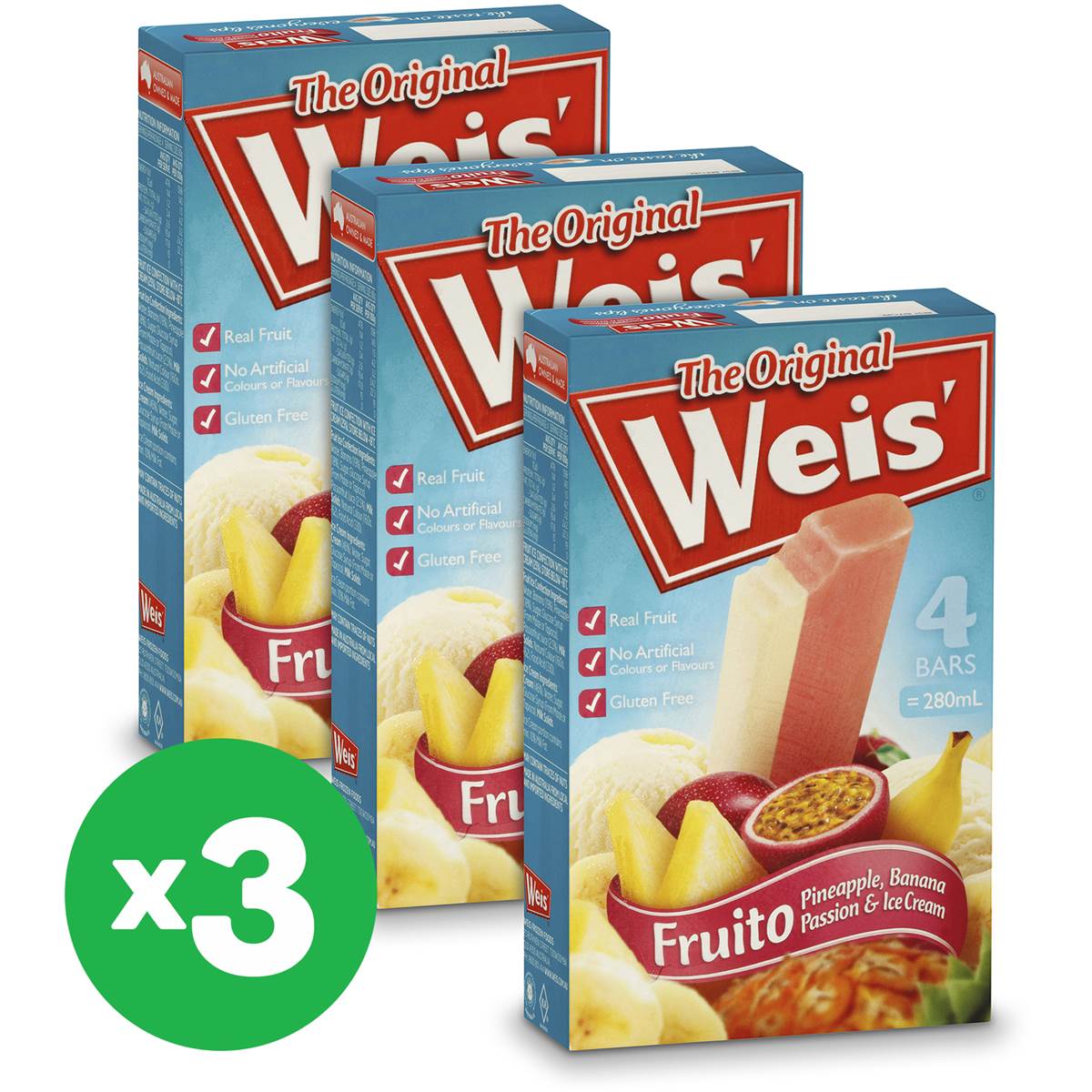 Weis Bar Ice Cream Passionfruit, Banana & Pineapple Bars 280ml 4pk X3 Bundle Woolworths