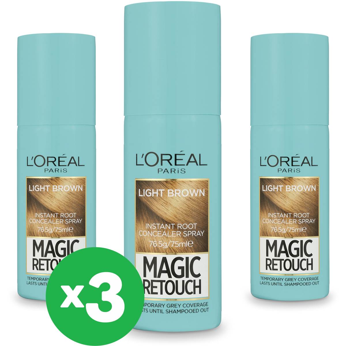 L'oreal Magic Retouch Regrowth Concealer Spray Light Brown X3 Bundle
