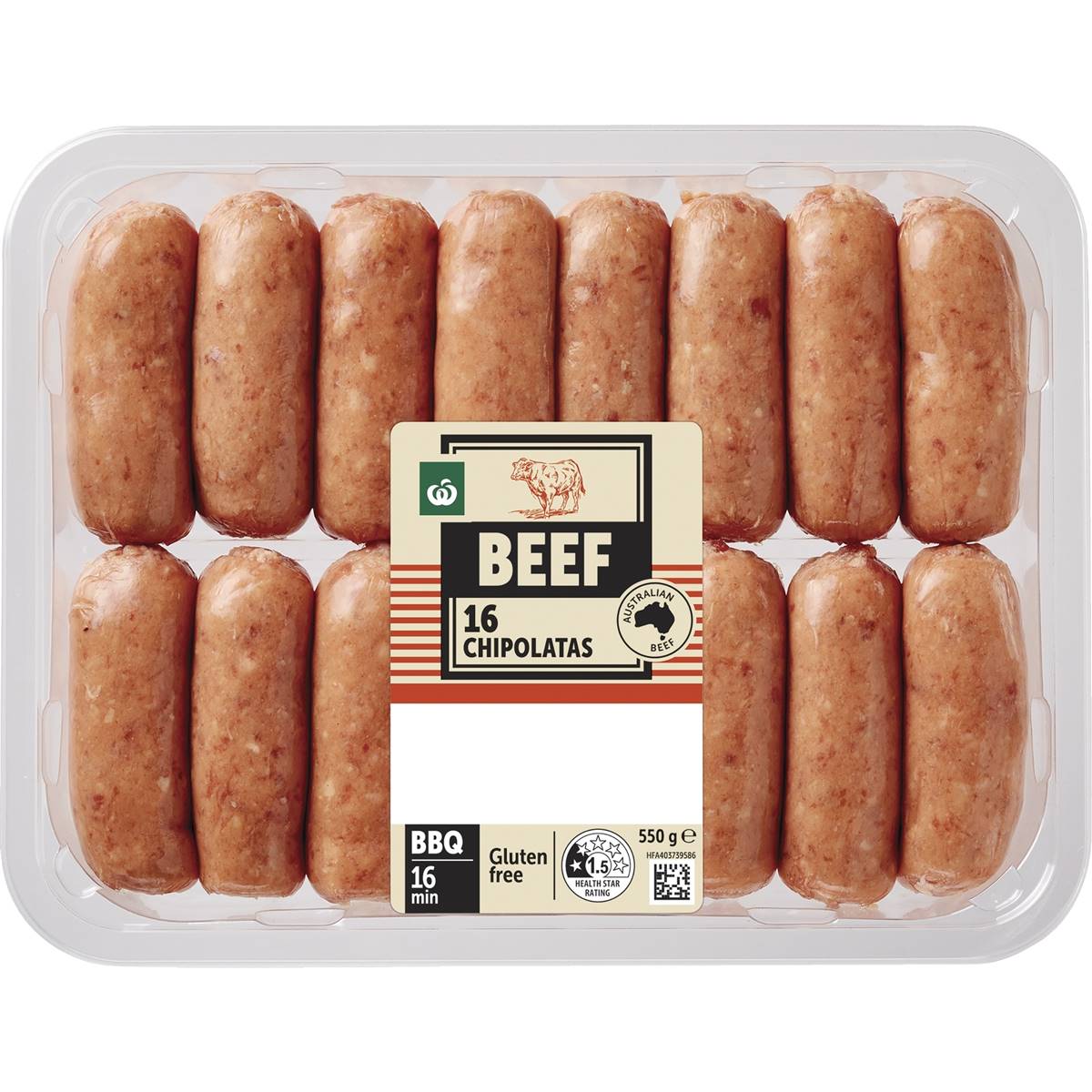 Woolworths 16 Beef Chipolatas 550g