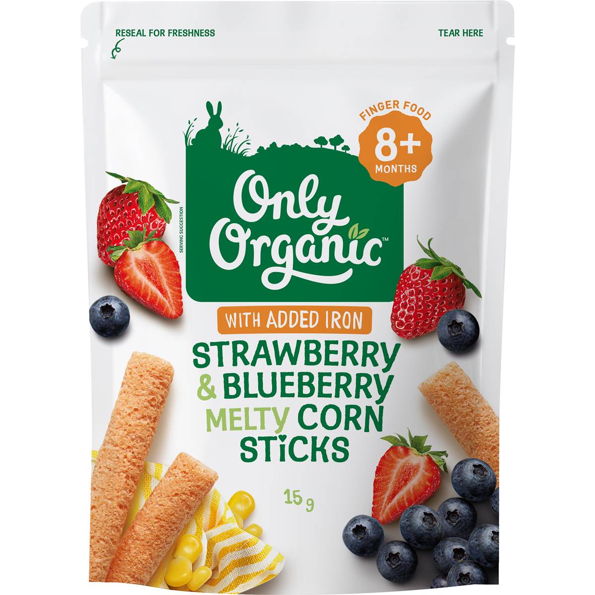 Only Organic Melty Corn Sticks Strawberry & Blueberry 15g