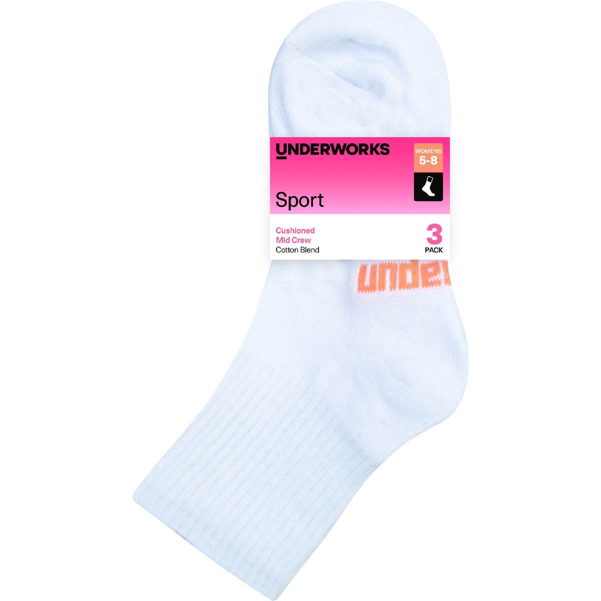 Underworks Ladies Sport Mid Crew Cotton Blend Socks White Size 5-8