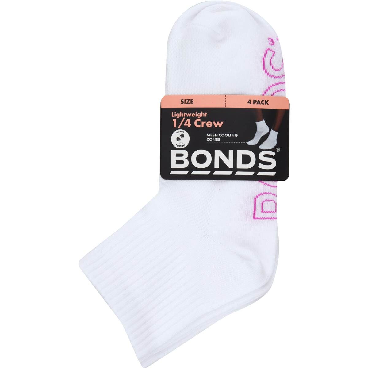 Bonds Ladies Lightweight 1/4 Crew Socks Size 8+ Assorted 4 pack