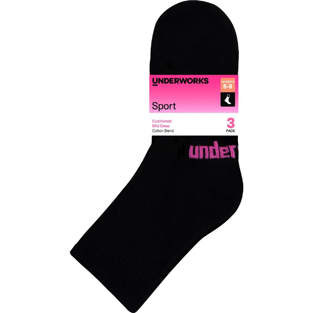 Underworks Womens Cushioned Mid Crew Sport Socks Size 5-8