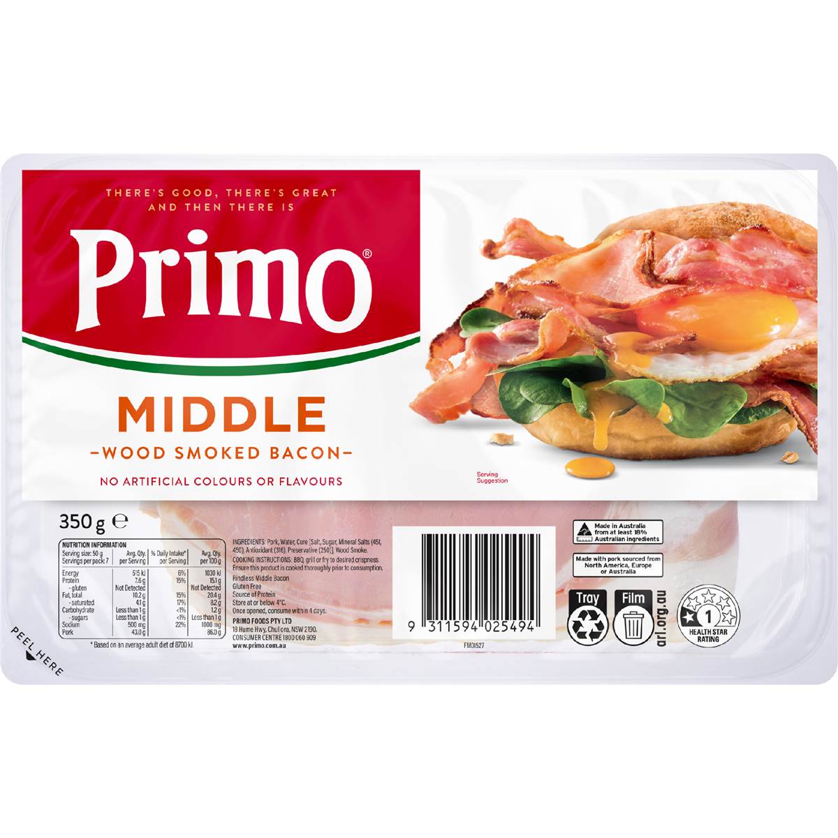 Primo Middle Rindless Bacon 350g