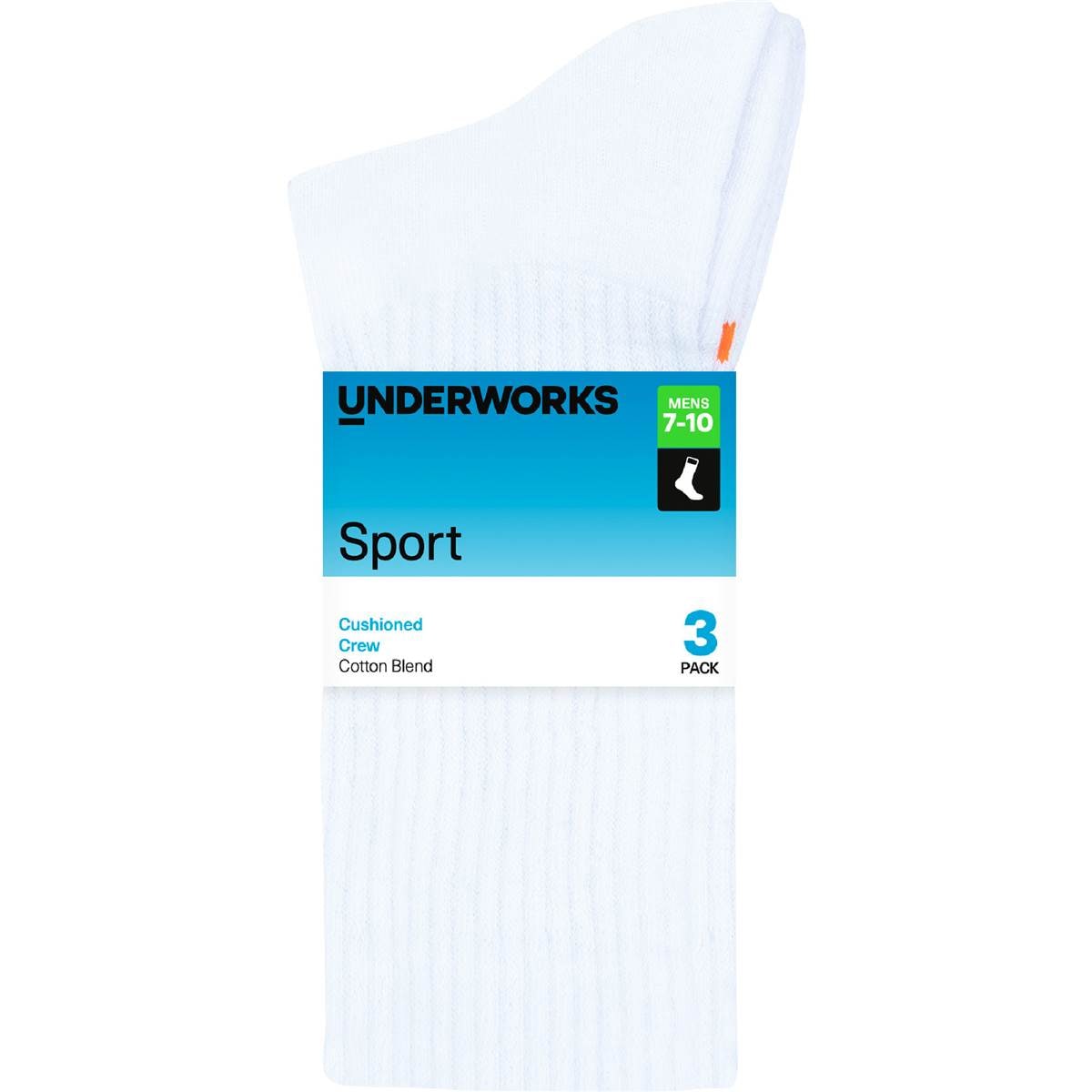 Underworks Mens Cushioned Crew Sports Socks White Size 7-10
