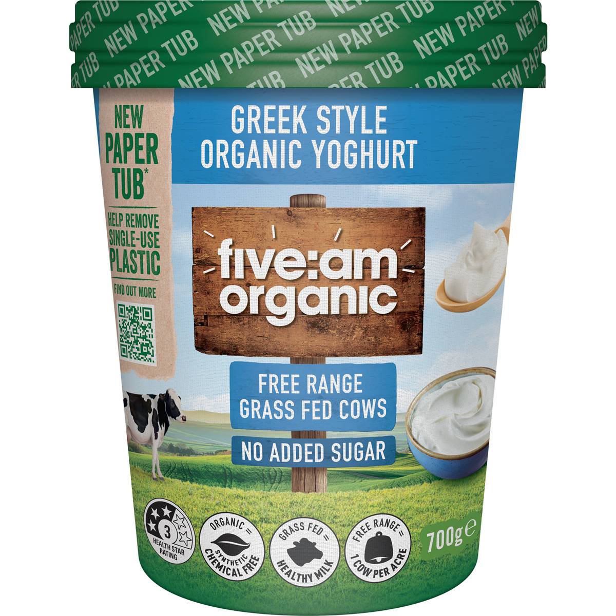 Five:Am Organic No Added Sugar Greek Style Yoghurt 700g