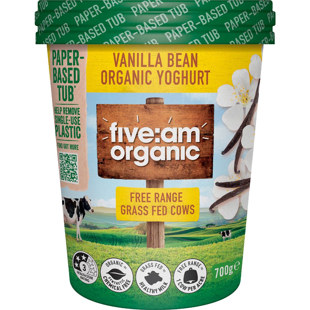 Five:Am Organic Yoghurt Vanilla Bean 700g