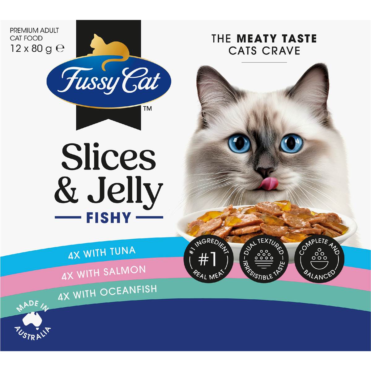 Fussy Cat Fishy Slices & Jelly Wet Cat Food 80g x 12 pack – Woolworths