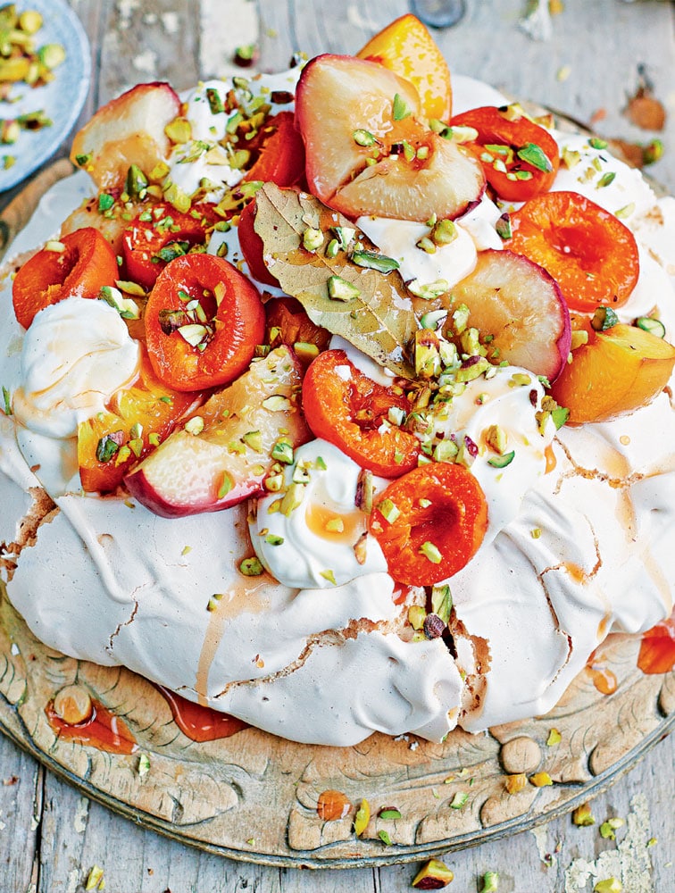 Jamie's Baked Peach & Apricot Pav With Pistachios & Honey Recipe